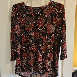 Jones New York Black Floral V-Neck Tunic with Red and Blush Accents